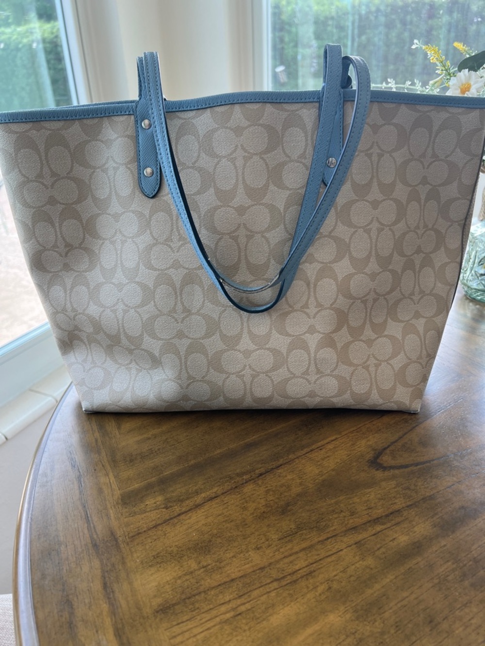 Coach - Beige Signature Tote with Blue Trim, Reversible and Matching Pouch - Picture 3 of 12
